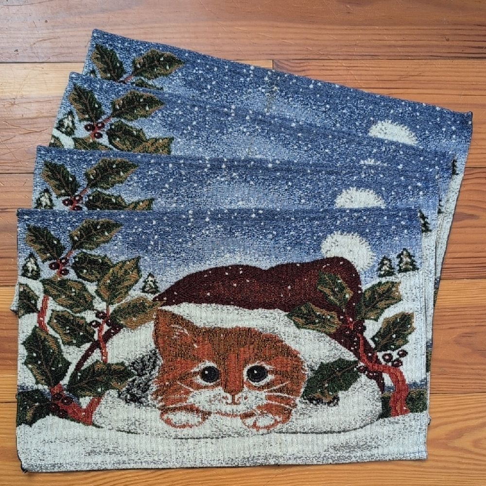 Festive Christmas Cat Kitten Tapestry Placemats Vintage Set of 4